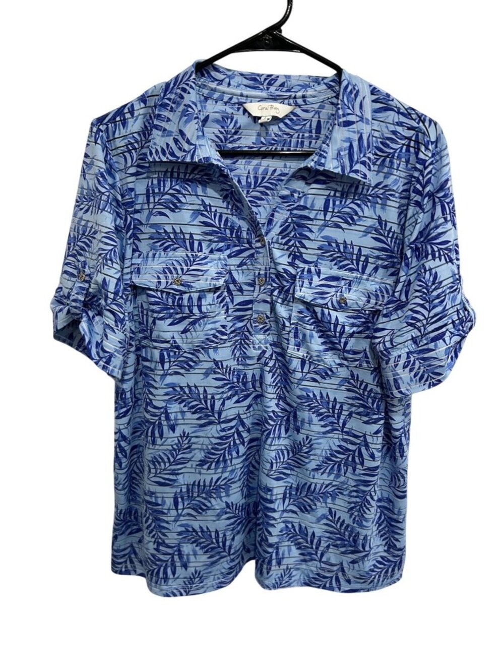 Coral Bay Blue Palm Leaf Print Button-Up Shirt Size Large Coastal QuietLuxury